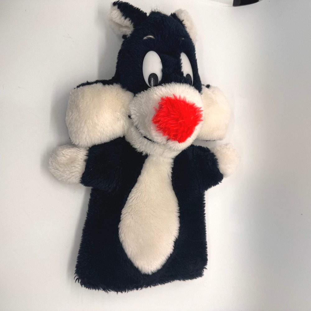 Vintage Looney Tunes Sylvester the Cat Plush Hand Puppet Black White Red Nose